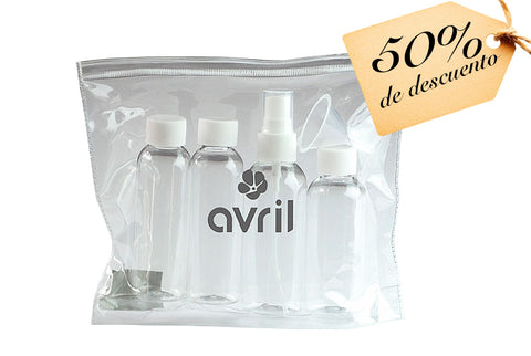 Avril: Toilet Bag + 4 Bottles to fill for plane (Neceser de botes rellenables para viaje) - 50% descuento