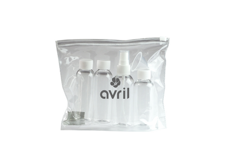Avril: Toilet Bag + 4 Bottles to fill for plane (Neceser de botes rellenables para viaje) - 50% descuento