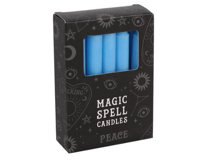 Magic Spell: Paquete de 12 velas mágicas 'Paz' de color azul claro.