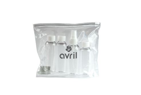 Avril: Toilet Bag + 4 Bottles to fill for plane (Neceser de botes rellenables para viaje)